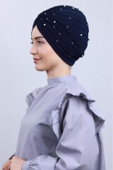 Kadın Tesettür İncili Taşlı Vera Dış Bone Lacivert - Standart