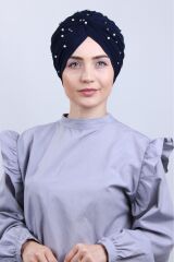Kadın Tesettür İncili Taşlı Vera Dış Bone Lacivert - Standart