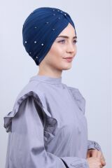 Kadın Tesettür İncili Taşlı Vera Dış Bone Saks Mavisi - Standart