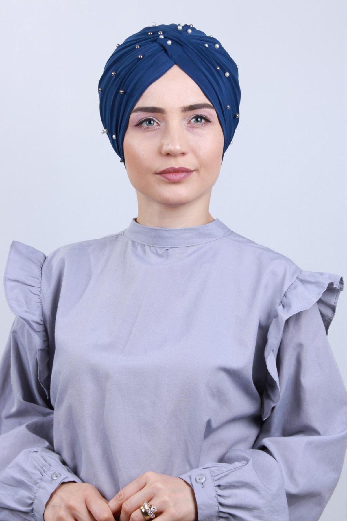 Kadın Tesettür İncili Taşlı Vera Dış Bone Saks Mavisi - Standart