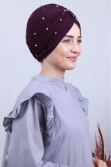 Kadın Tesettür İncili Taşlı Vera Dış Bone Mor - Standart