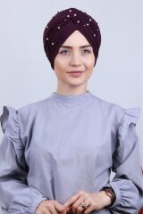 Kadın Tesettür İncili Taşlı Vera Dış Bone Mor - Standart