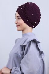 Kadın Tesettür İncili Taşlı Vera Dış Bone Mor - Standart