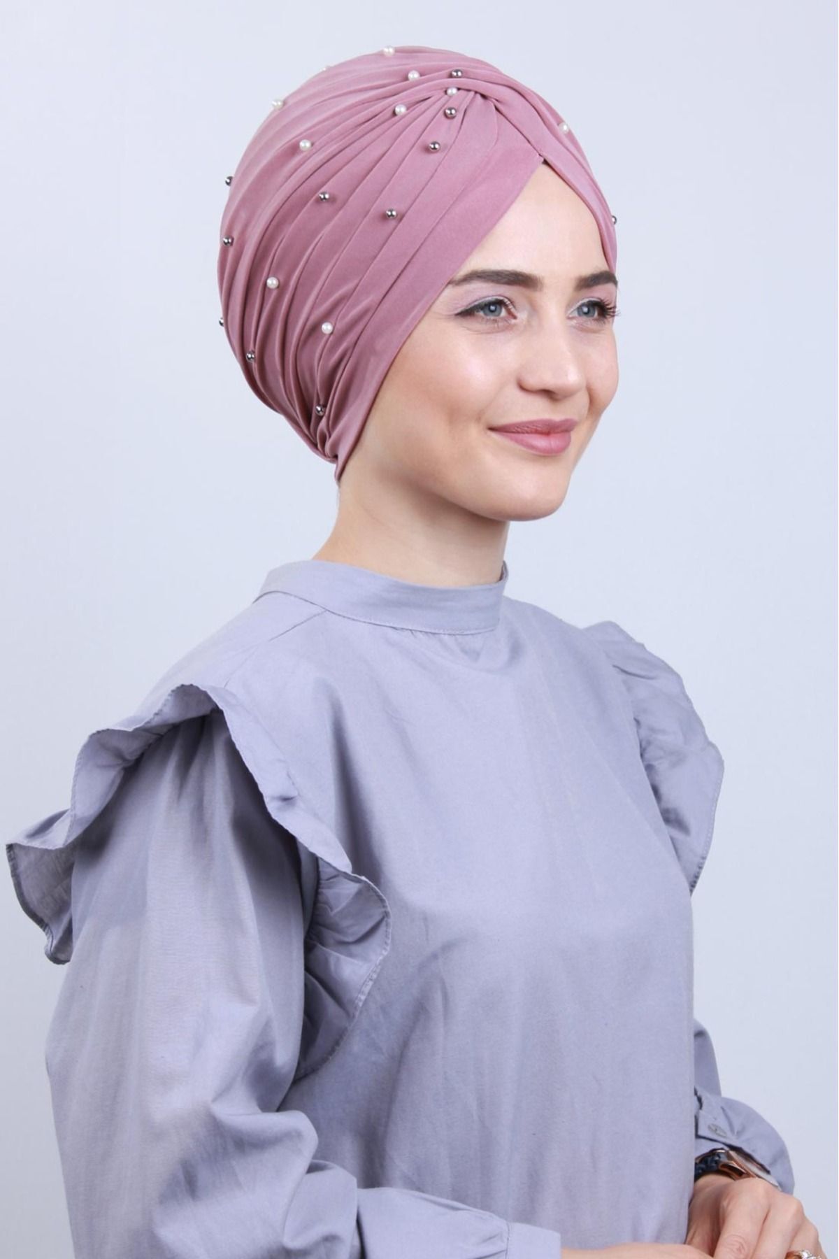 Kadın Tesettür İncili Taşlı Vera Dış Bone Pudra - Standart