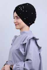 Kadın Tesettür İncili Taşlı Vera Dış Bone Siyah - Standart