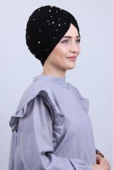 Kadın Tesettür İncili Taşlı Vera Dış Bone Siyah - Standart