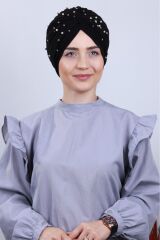 Kadın Tesettür İncili Taşlı Vera Dış Bone Siyah - Standart