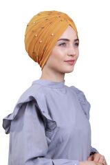 Kadın Tesettür İncili Taşlı Vera Dış Bone Taba Rengi - Standart