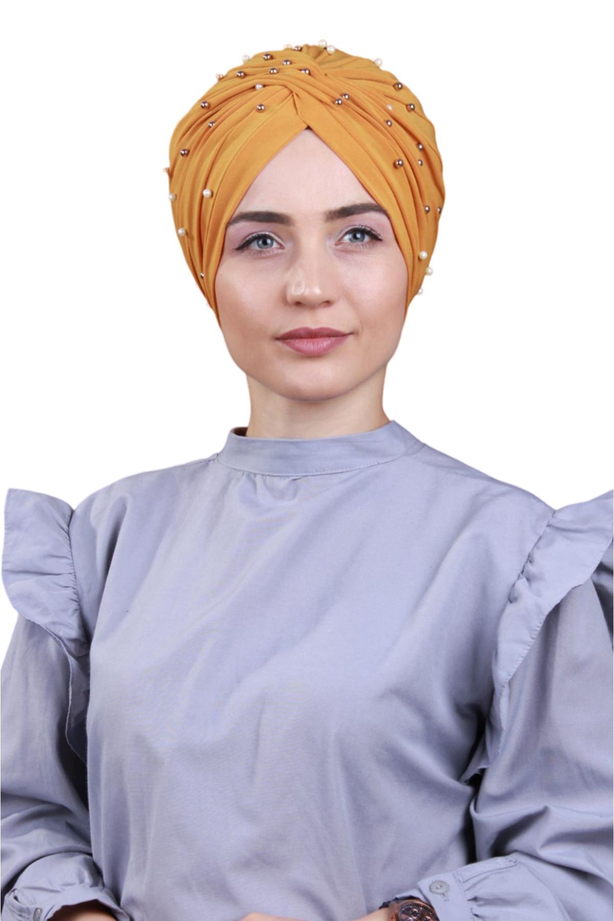 Kadın Tesettür İncili Taşlı Vera Dış Bone Taba Rengi - Standart