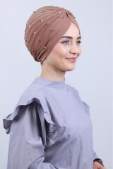 Kadın Tesettür İncili Taşlı Vera Dış Bone Vizon - Standart