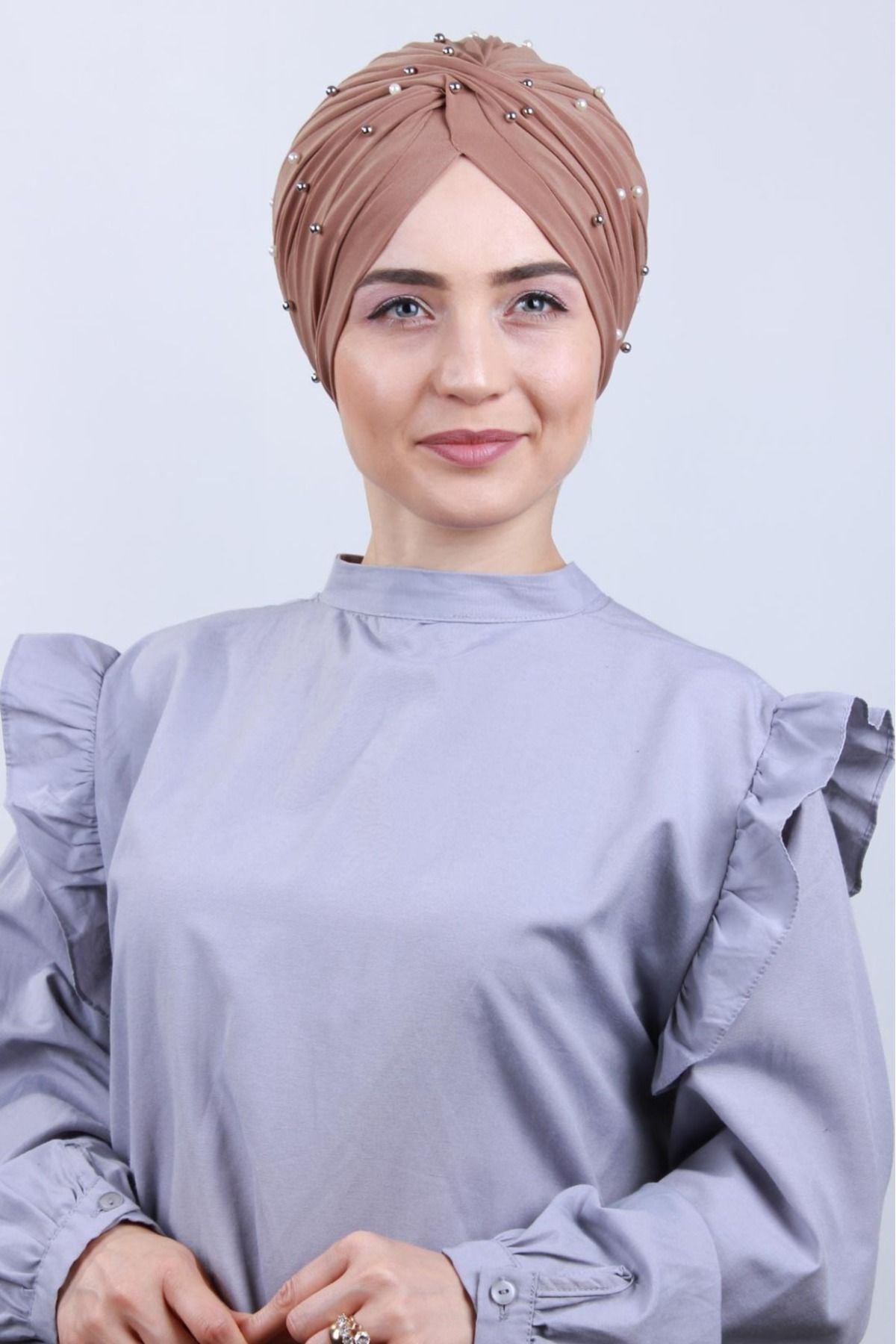 Kadın Tesettür İncili Taşlı Vera Dış Bone Vizon - Standart