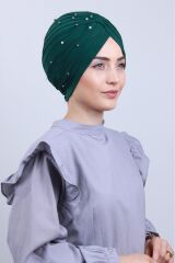 Kadın Tesettür İncili Taşlı Vera Dış Bone Zümrüt Yeşili - Standart