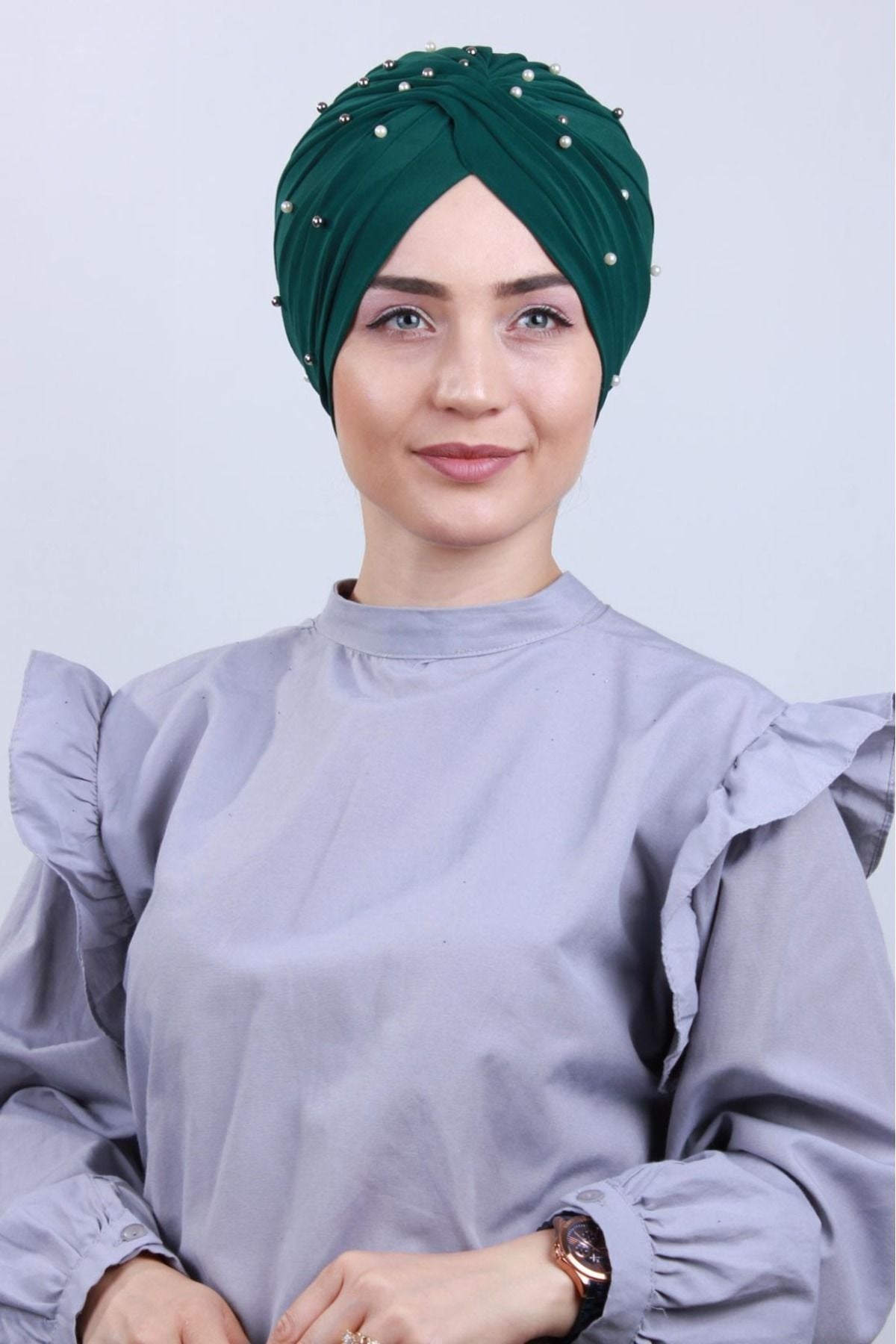 Kadın Tesettür İncili Taşlı Vera Dış Bone Zümrüt Yeşili - Standart