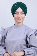 Kadın Tesettür İncili Taşlı Vera Dış Bone Zümrüt Yeşili - Standart