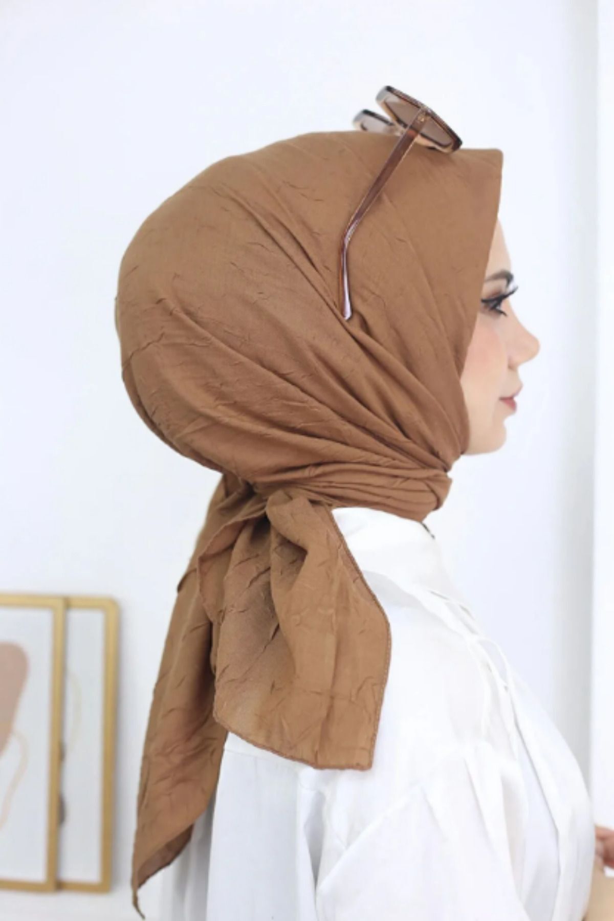 Kadın Tesettür Pratik Bambu Kraş Eşarp Camel - 100 x 100