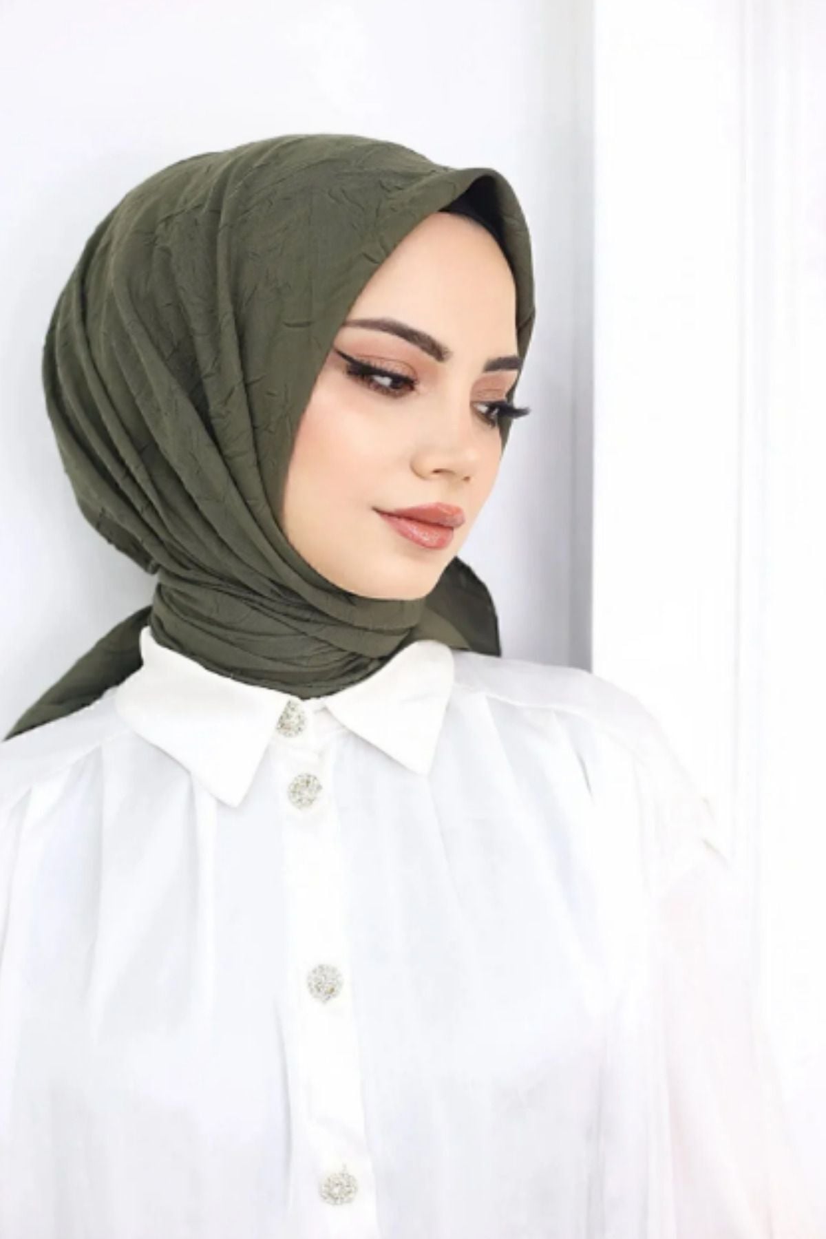 Kadın Tesettür Pratik Bambu Kraş Eşarp Haki - 100 x 100