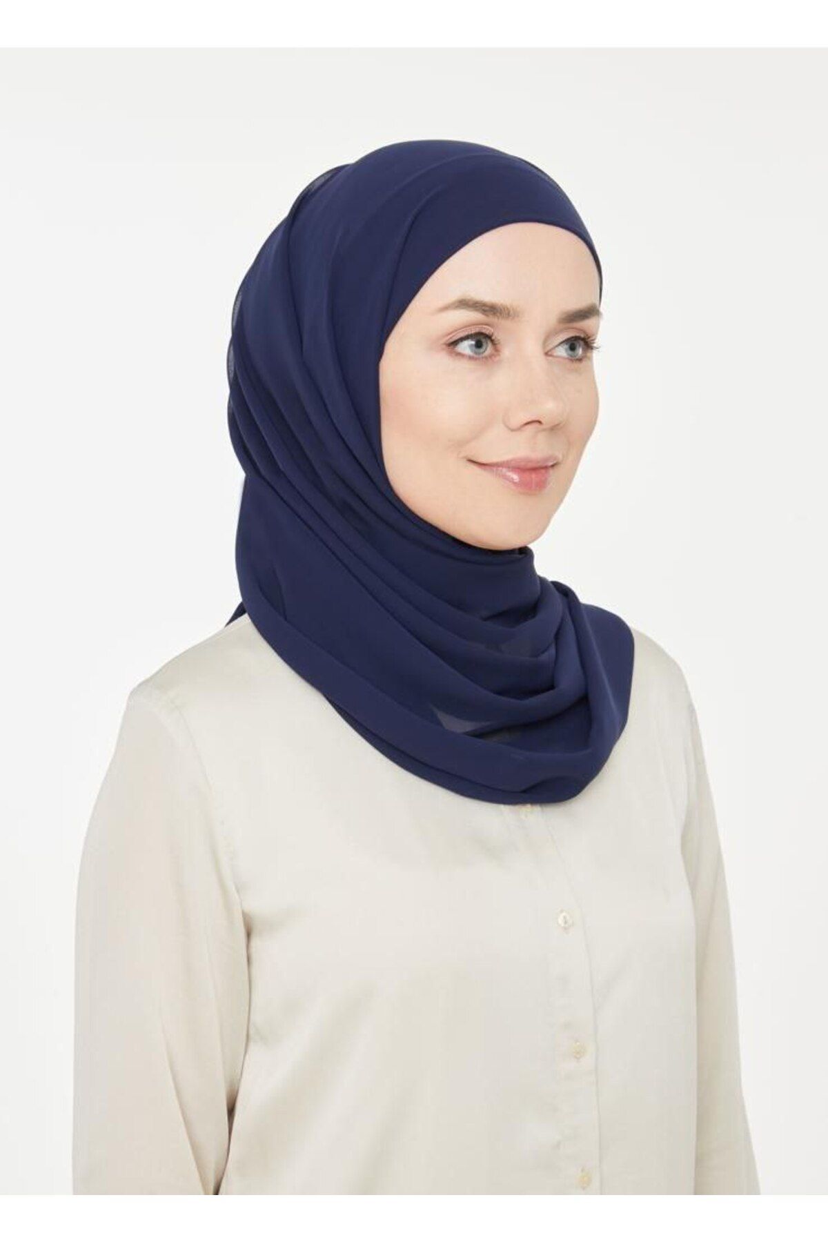 Kadın Tesettür Pratik Boru Boneli Hazır Şifon Şal Lacivert - Tek Ebat