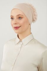 Kadın Tesettür Sihirli Yapışkanlı Kaymayan Fırfırlı Dolgulu Topuz Bone Bej - Standart