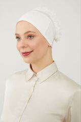Kadın Tesettür Sihirli Yapışkanlı Kaymayan Fırfırlı Dolgulu Topuz Bone Ekru - Standart
