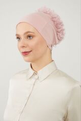 Kadın Tesettür Sihirli Yapışkanlı Kaymayan Fırfırlı Dolgulu Topuz Bone Pudra - Standart