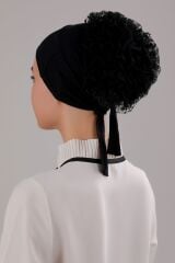 Kadın Tesettür Sihirli Yapışkanlı Kaymayan Fırfırlı Dolgulu Topuz Bone Siyah - Standart