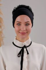 Kadın Tesettür Sihirli Yapışkanlı Kaymayan Fırfırlı Dolgulu Topuz Bone Siyah - Standart