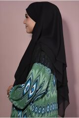 Kadın Tesettür Sufle Khimar Peçeli Üç Katlı Şifon Şal Siyah - Tek Ebat