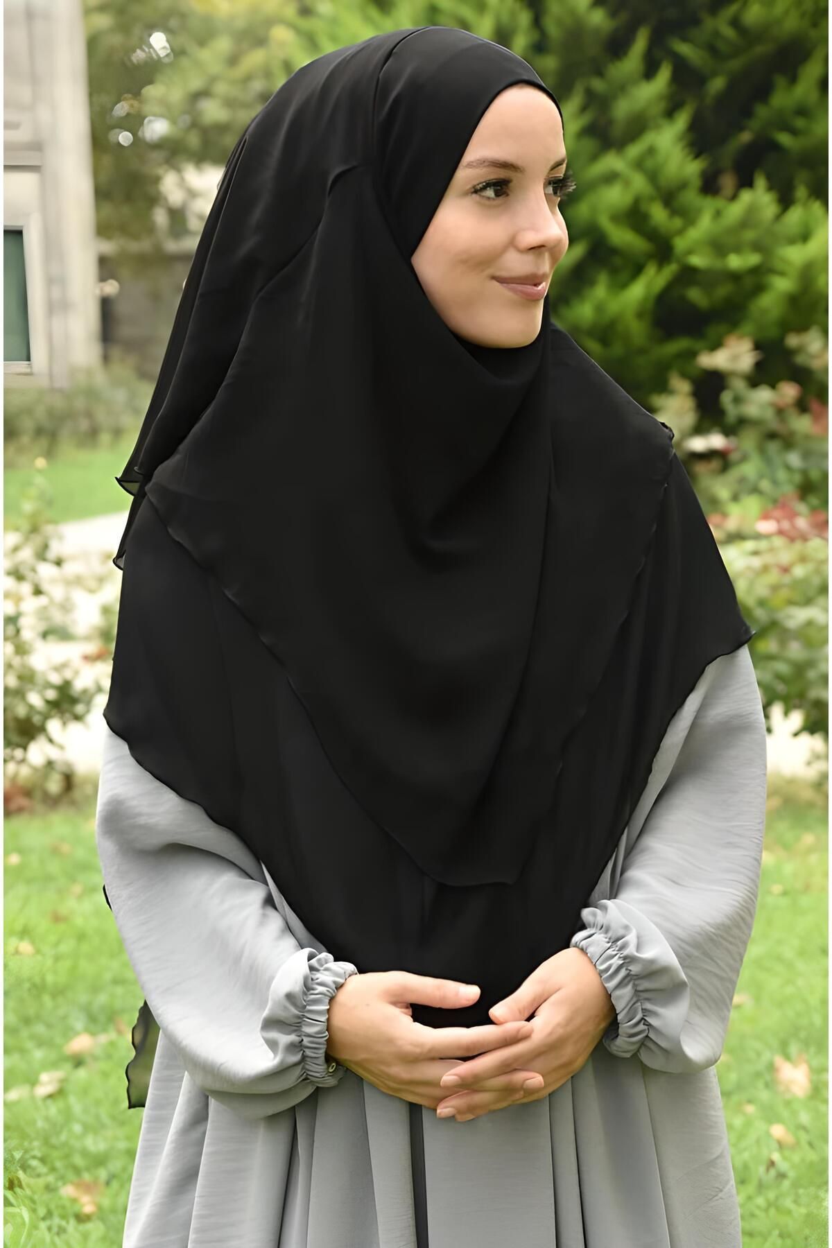 Kadın Tesettür Sufle Khimar Peçeli Üç Katlı Şifon Şal Siyah - Tek Ebat