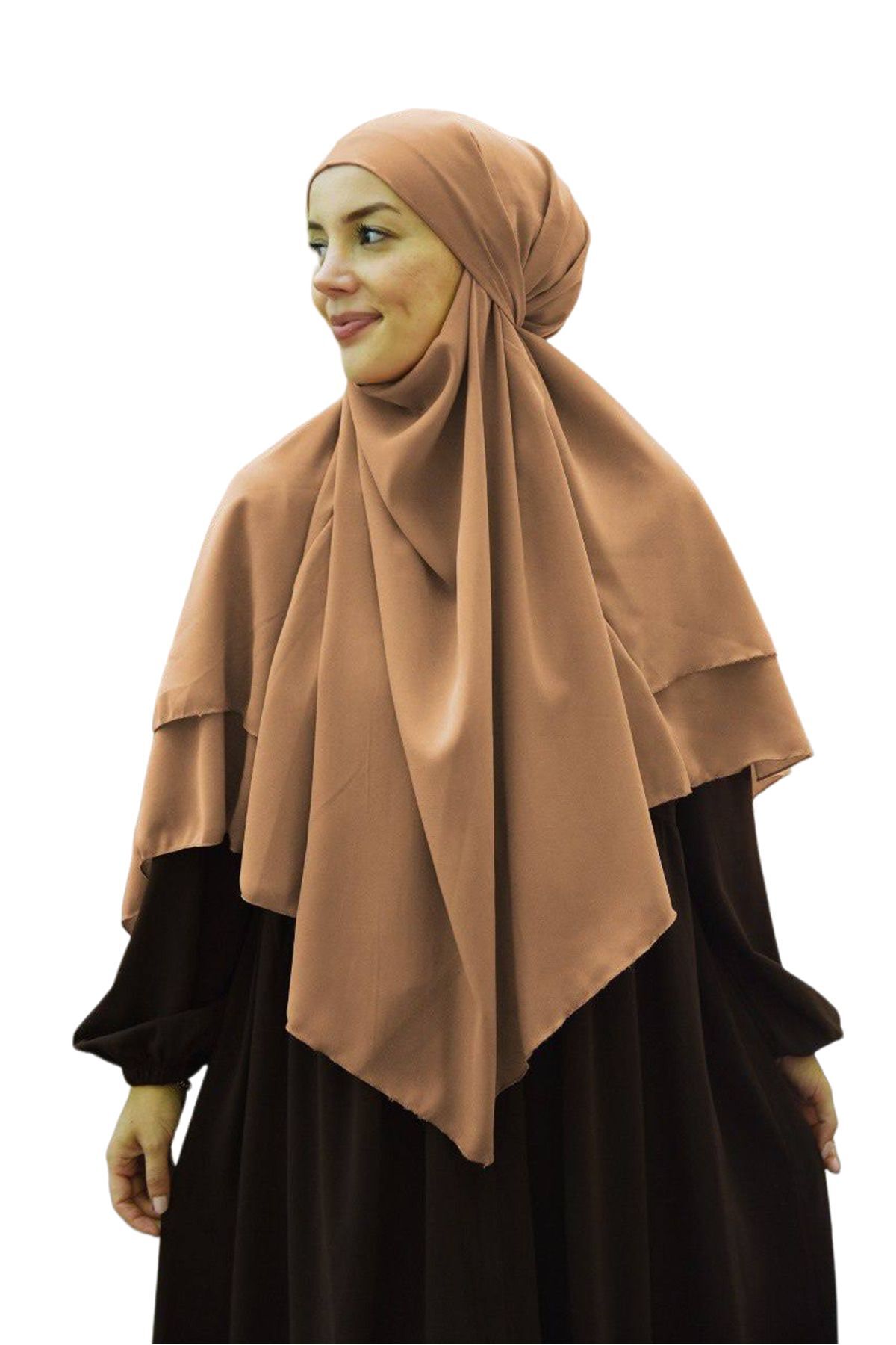 Kadın Tesettür Sufle Khimar Peçeli Üç Katlı Şifon Şal Sütlü Kahve - Tek Ebat