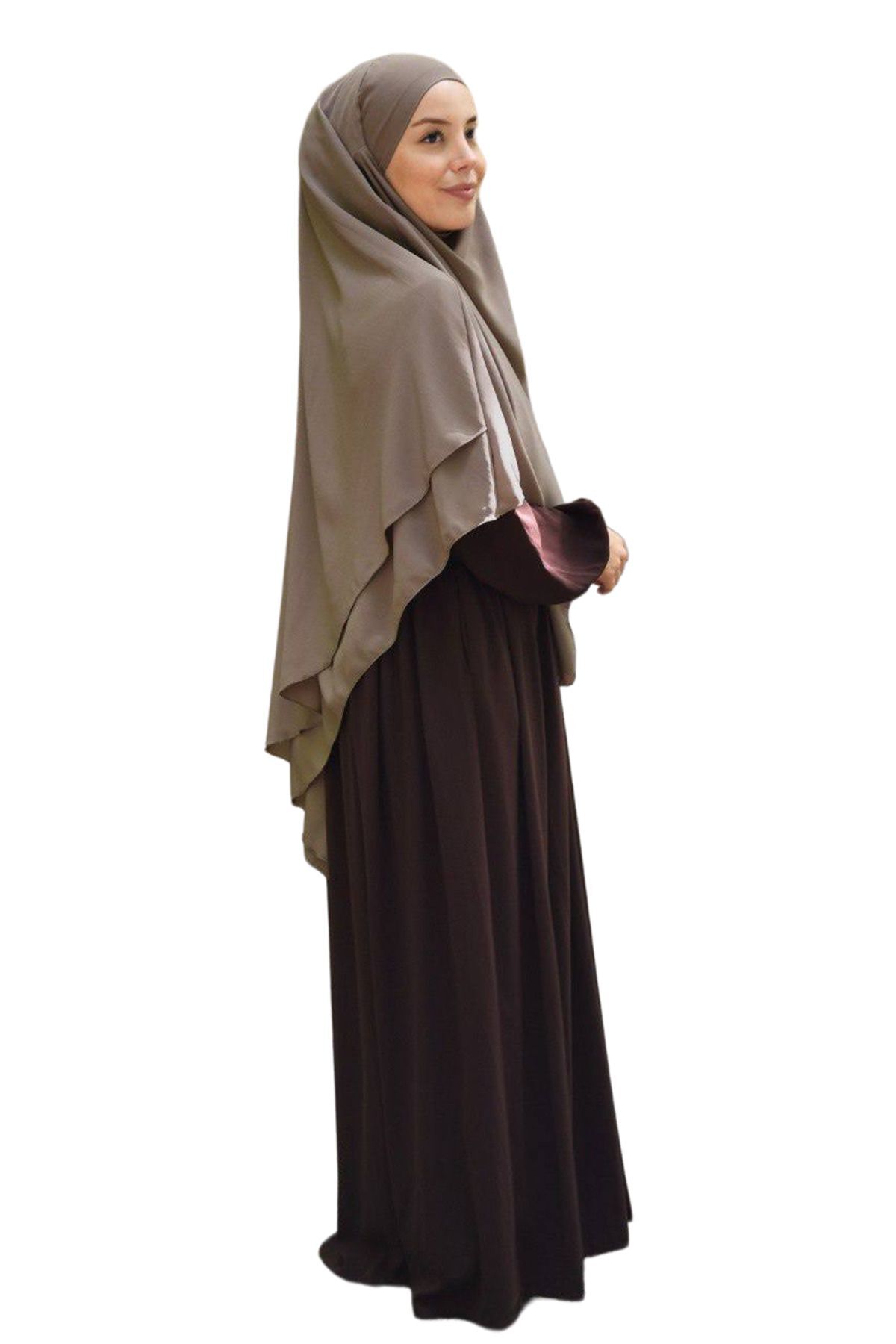 Kadın Tesettür Sufle Khimar Peçeli Üç Katlı Şifon Şal Vizon - Tek Ebat