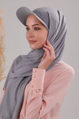Kadın Tesettür Şapkalı Boneli Hazır Şal Açık Gri