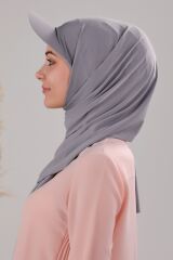 Kadın Tesettür Şapkalı Boneli Hazır Şal Açık Gri