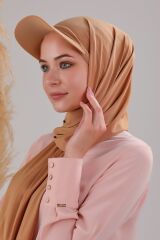 Kadın Tesettür Şapkalı Boneli Hazır Şal Bal Rengi