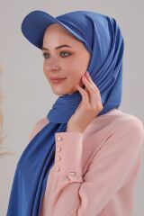 Kadın Tesettür Şapkalı Boneli Hazır Şal İndigo