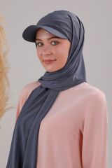Kadın Tesettür Şapkalı Boneli Hazır Şal Koyu Gri