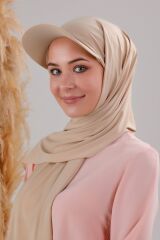 Kadın Tesettür Şapkalı Boneli Hazır Şal Krem