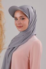 Kadın Tesettür Şapkalı Pratik Boneli Hazır Şal Açık Gri - Standart