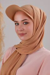 Kadın Tesettür Şapkalı Pratik Boneli Hazır Şal Bal Rengi - Standart