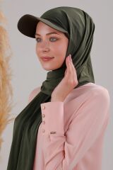 Kadın Tesettür Şapkalı Pratik Boneli Hazır Şal Haki - Standart