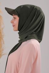 Kadın Tesettür Şapkalı Pratik Boneli Hazır Şal Haki - Standart