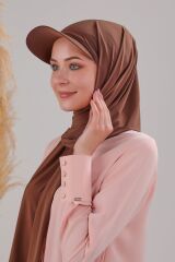 Kadın Tesettür Şapkalı Pratik Boneli Hazır Şal Kahverengi - Standart