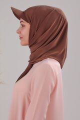 Kadın Tesettür Şapkalı Pratik Boneli Hazır Şal Kahverengi - Standart