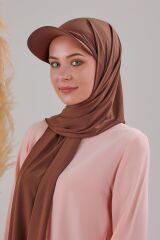 Kadın Tesettür Şapkalı Pratik Boneli Hazır Şal Kahverengi - Standart
