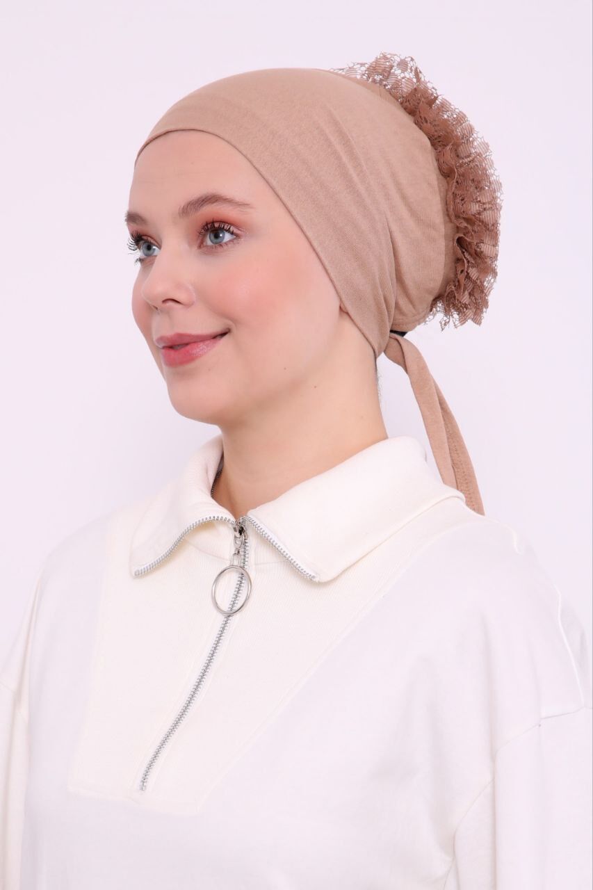 Tesettür Fırfırlı Bone Sütlü Kahve - Standart