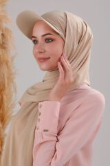 Kadın Tesettür Şapkalı Pratik Boneli Hazır Şal Krem - Standart