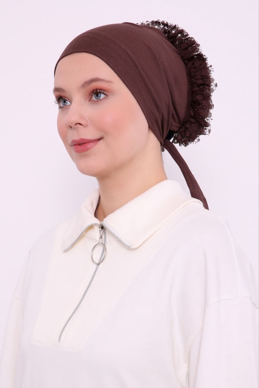 Tesettür Fırfırlı Bone Kahverengi - Standart
