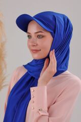 Kadın Tesettür Şapkalı Pratik Boneli Hazır Şal Saks Mavisi - Standart