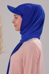 Kadın Tesettür Şapkalı Pratik Boneli Hazır Şal Saks Mavisi - Standart