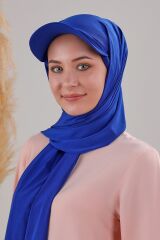 Kadın Tesettür Şapkalı Pratik Boneli Hazır Şal Saks Mavisi - Standart