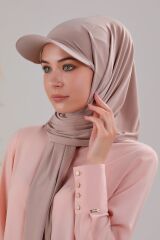 Kadın Tesettür Şapkalı Pratik Boneli Hazır Şal Sütlü Kahve - Standart